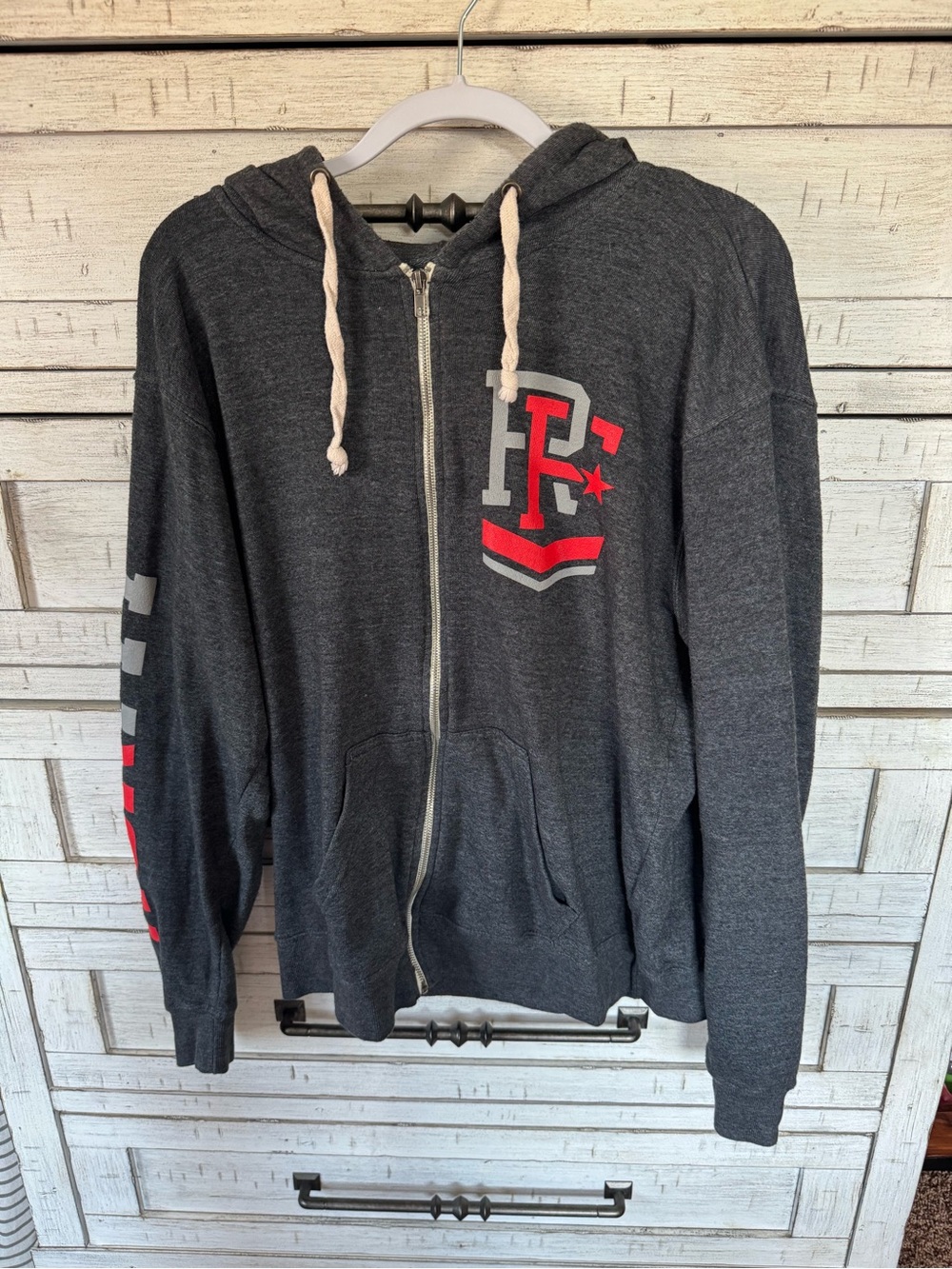 Charcoal Zip-Up Hoodie with Red Accent and Hood